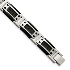 Chisel Stainless Steel Polished Black IP-plated with Black Carbon Fiber Inlay 8.5 inch Link Bracelet