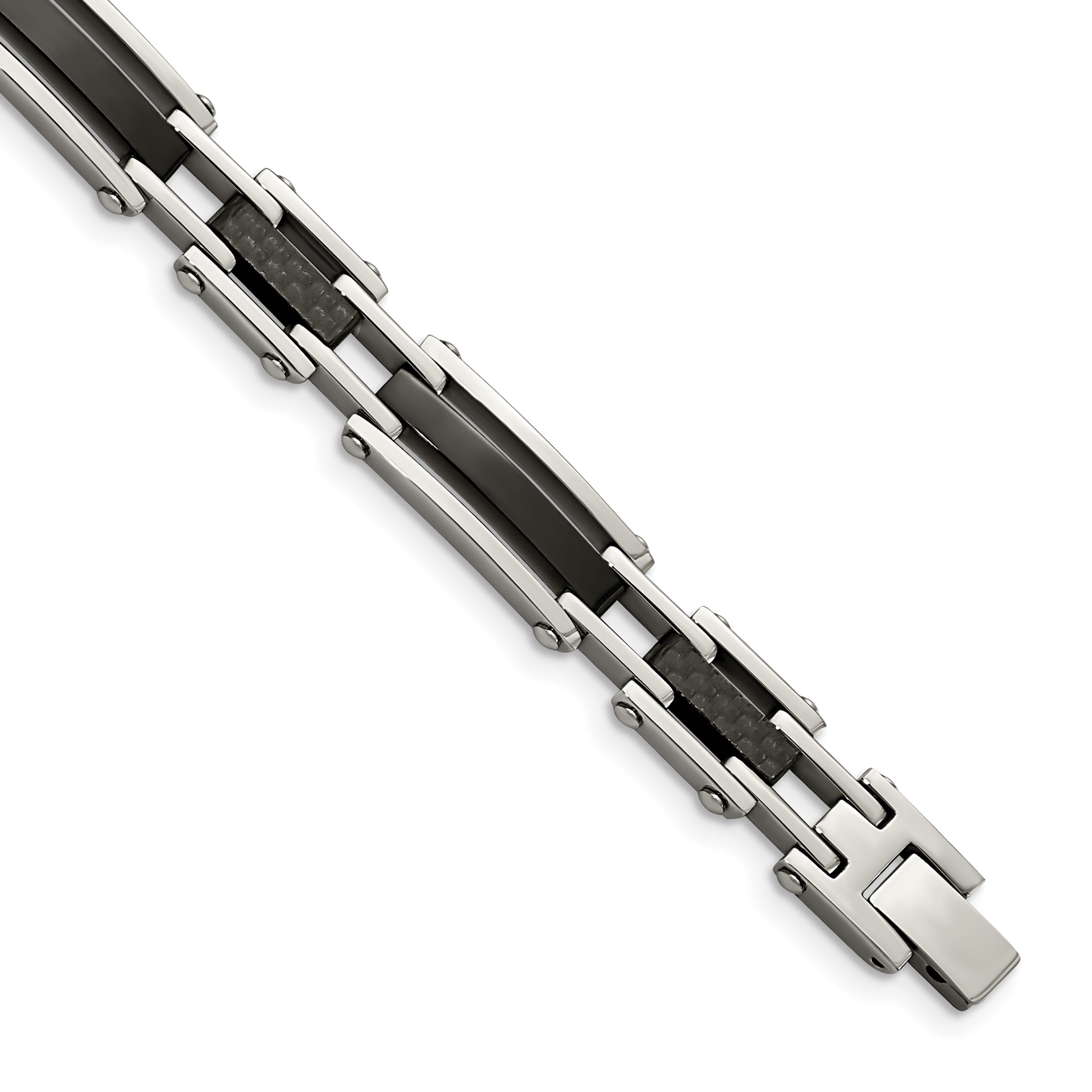 Chisel Stainless Steel Polished Black IP-plated with Solid Black Carbon Fiber 8.25 inch Link Bracelet