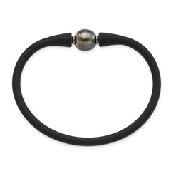 Chisel Stainless Steel 10-11mm Black Tahitian Pearl Black Silicone Bracelet with Hidden Clasp