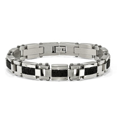 Stainless Steel Polished & Textured Black IP-plated Wire Inlay 8.5in Bracel