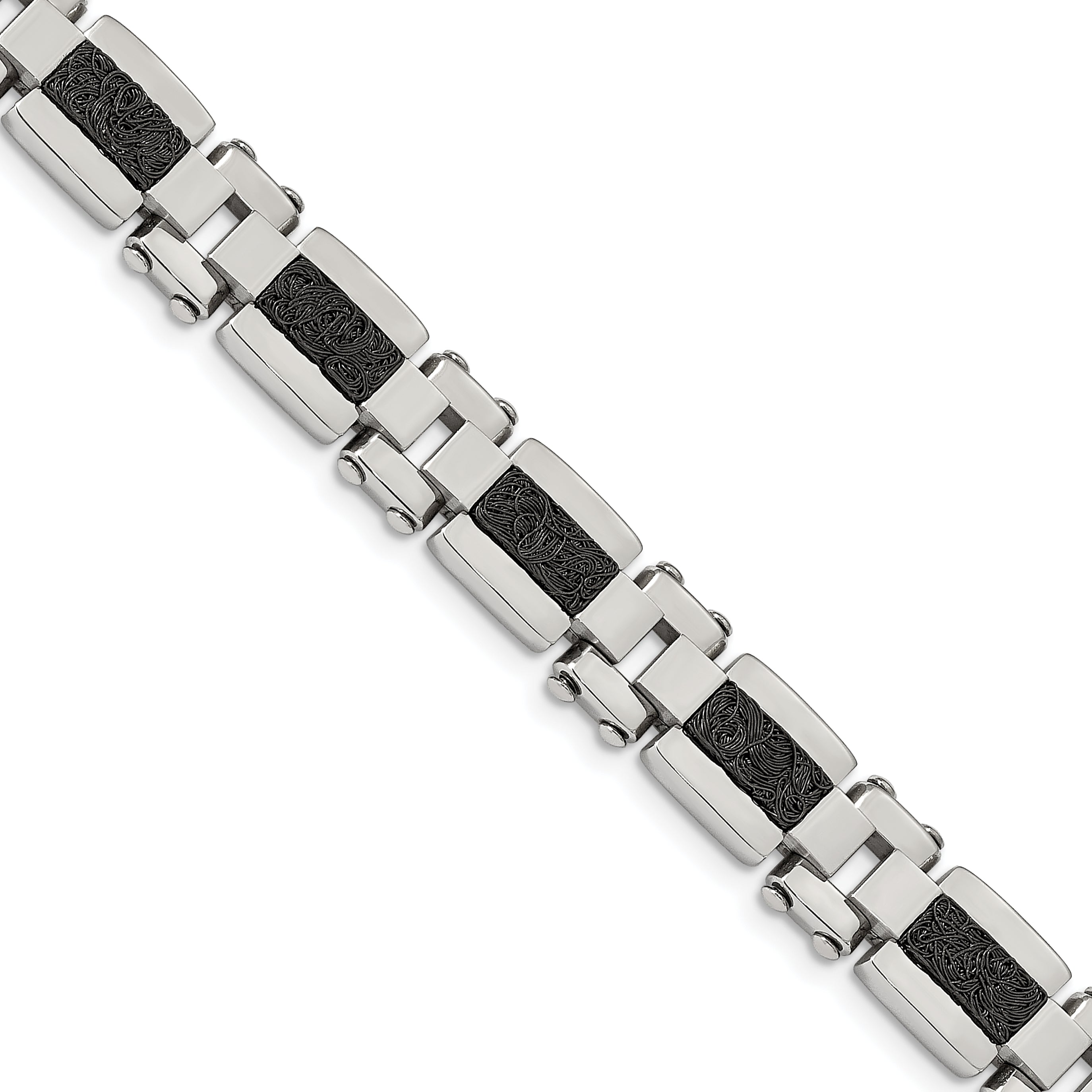 Stainless Steel Polished & Textured Black IP-plated Wire Inlay 8.5in Bracel