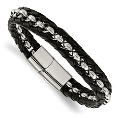Stainless Steel Polished Black Leather Braided 8.5in Bracelet