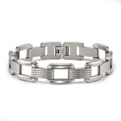 Chisel Stainless Steel Polished and Textured 8.5 inch Rounded Square Open Link Bracelet