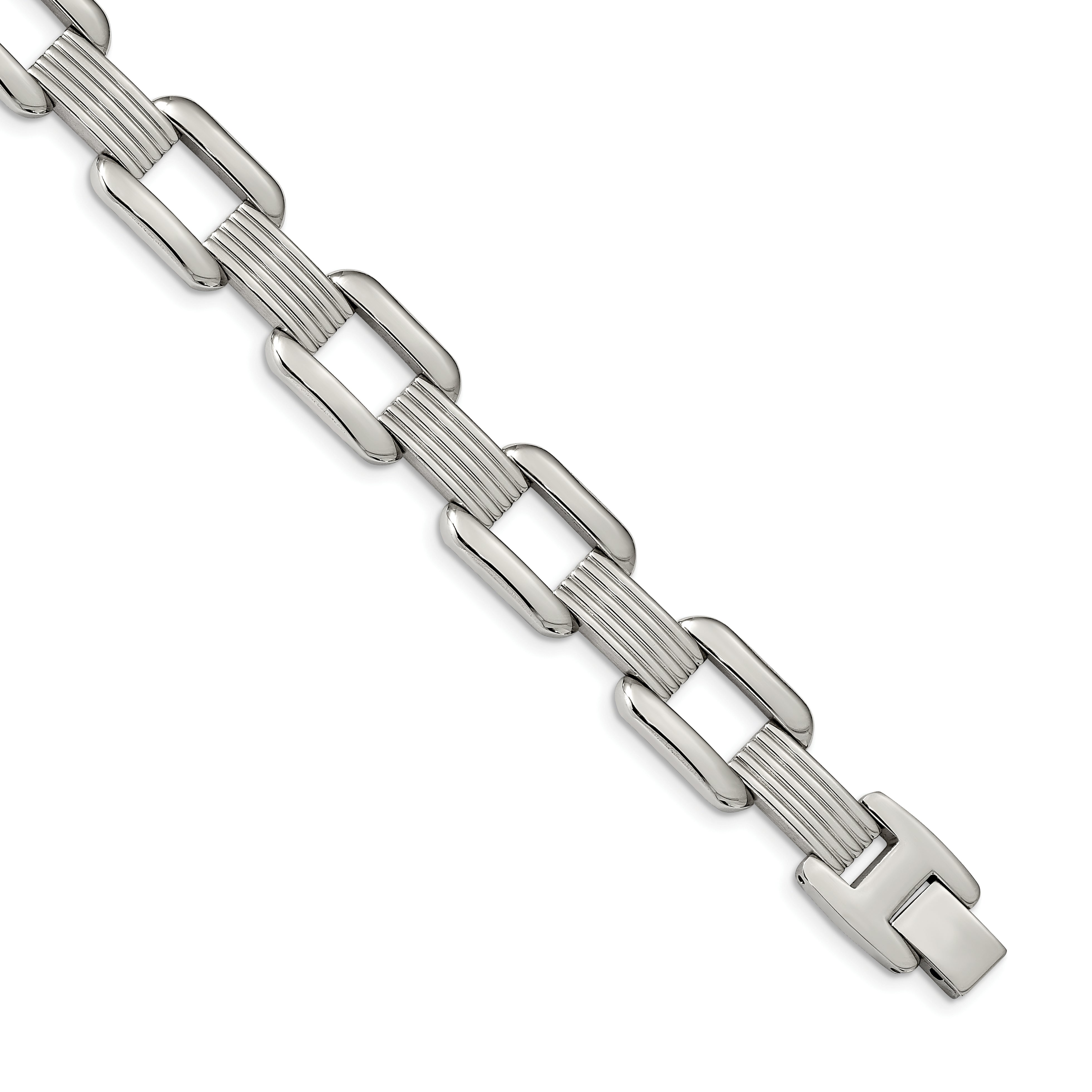 Chisel Stainless Steel Polished and Textured 8.5 inch Rounded Square Open Link Bracelet