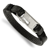 Chisel Stainless Steel Brushed Black Leather 8 inch Bracelet