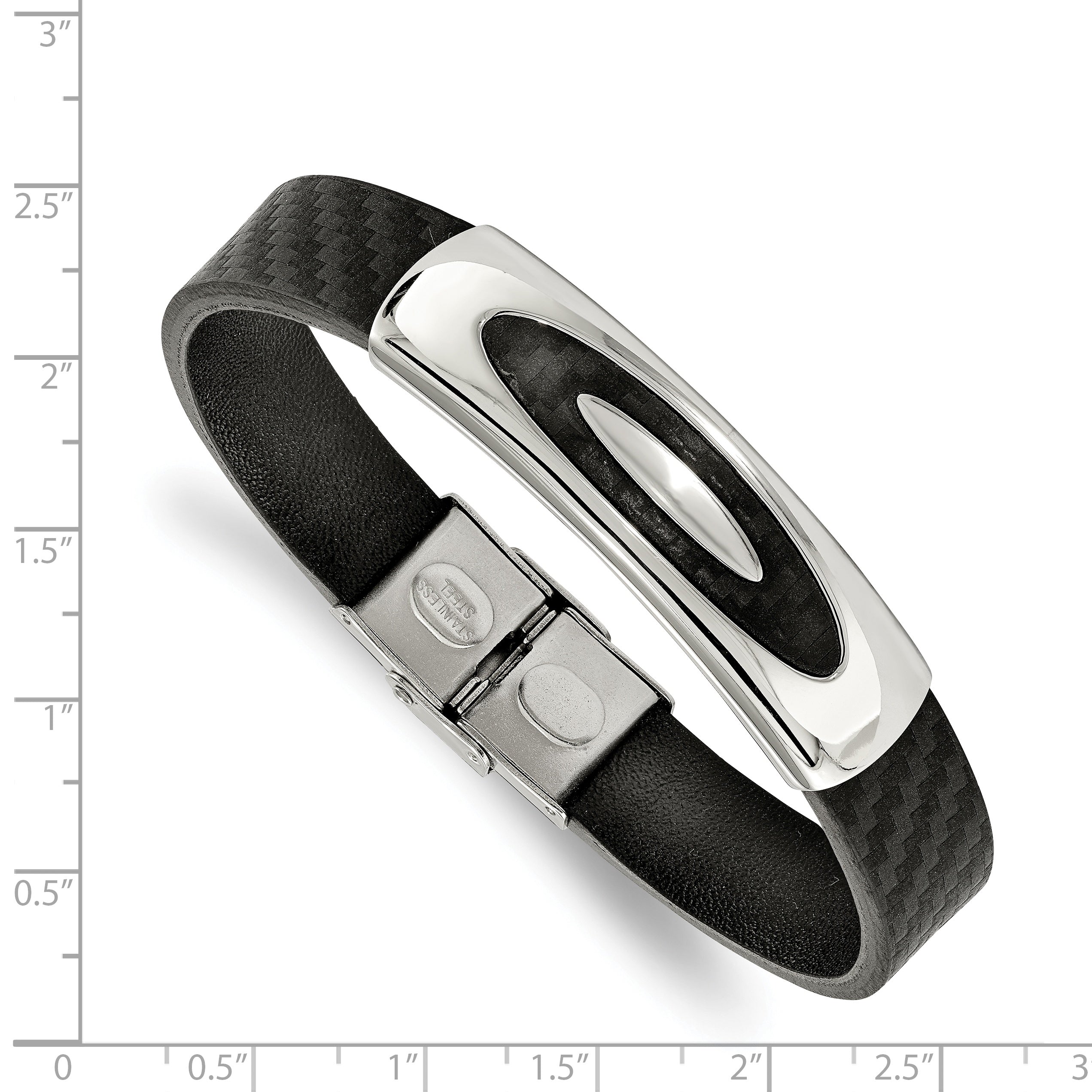 Stainless Steel Polished Black Leather 8in Bracelet