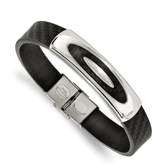 Stainless Steel Polished Black Leather 8in Bracelet