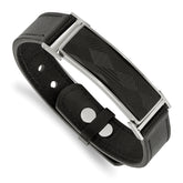 Chisel Stainless Steel Polished Black Leather with Black Carbon Fiber Inlay Adjustable 7 to 9.25 inch Bracelet