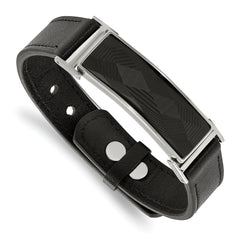 Chisel Stainless Steel Polished Black Leather with Black Carbon Fiber Inlay Adjustable 7 to 9.25 inch Bracelet