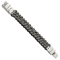 Chisel Stainless Steel Polished Black Leather 8.75 inch Bracelet