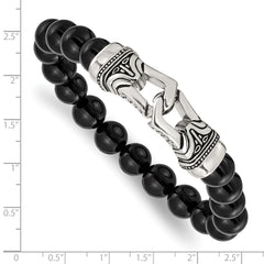 Chisel Stainless Steel Antiqued and Polished 10mm Black Agate Beaded Stretch Bracelet