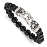 Chisel Stainless Steel Antiqued and Polished 10mm Black Agate Beaded Stretch Bracelet