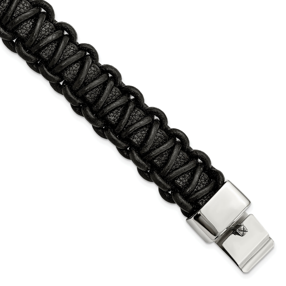 Stainless Steel Polished Rounded Braided Black Leather 8.5in Bracelet