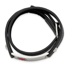 Chisel Stainless Steel Polished with Red Enamel Medical ID Black Leather Adjustable Wrap Bracelet - 5.5 to 6.75