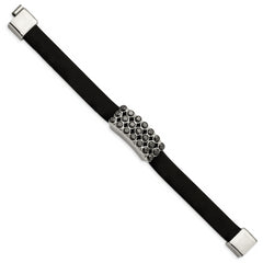 Stainless Steel Polished Black Rubber w/Black CZ 8in Bracelet