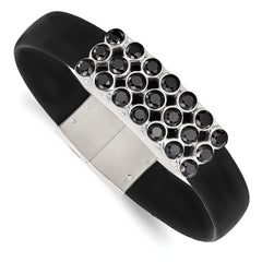 Stainless Steel Polished Black Rubber w/Black CZ 8in Bracelet