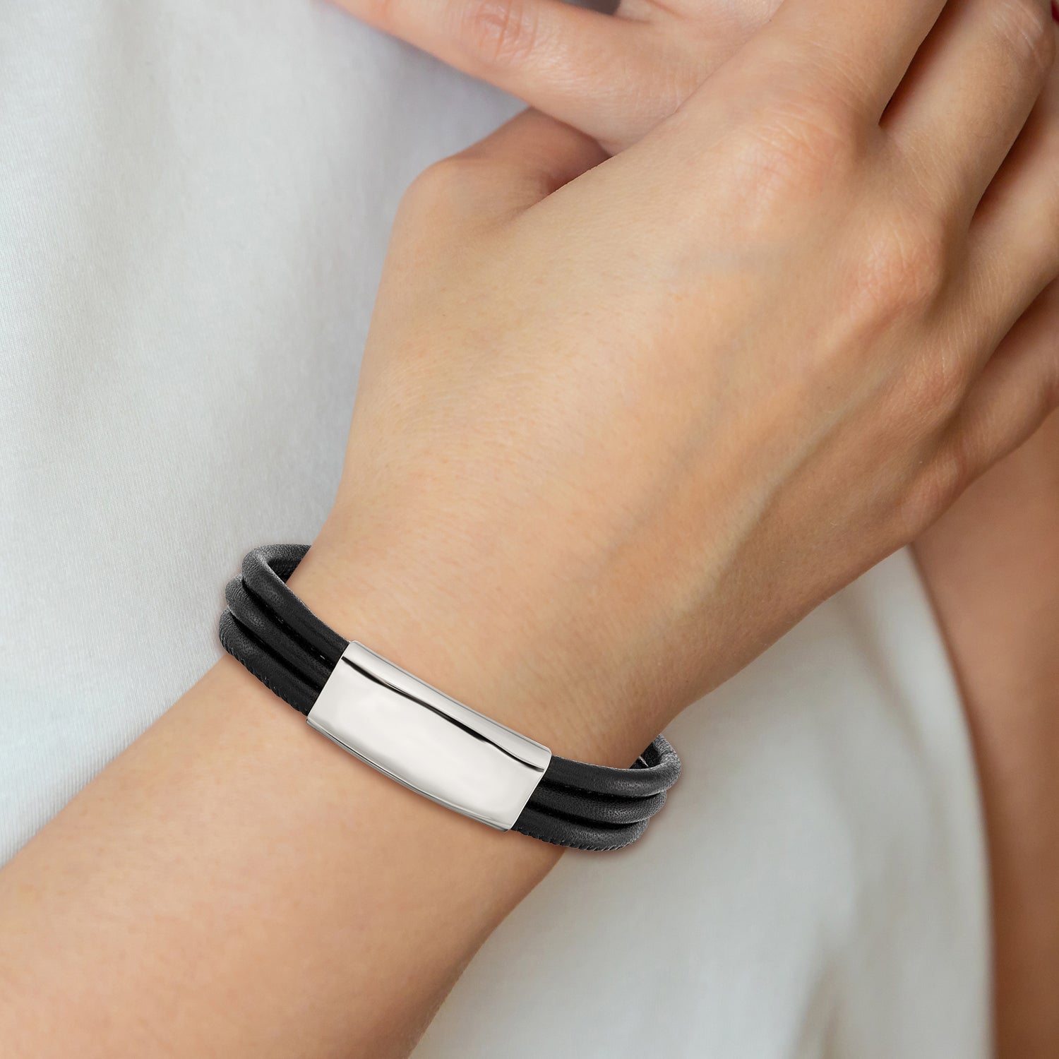 Stainless Steel Polished Black Leather 8in ID Bracelet