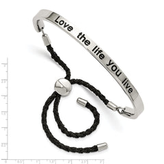 Stainless Steel Polished Black Enamel & Fabric LOVE LIFE Adjustable Bangle
