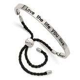 Stainless Steel Polished Black Enamel & Fabric LOVE LIFE Adjustable Bangle