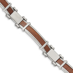 Chisel Stainless Steel Polished with Wood Inlay 8.25 inch Link Bracelet