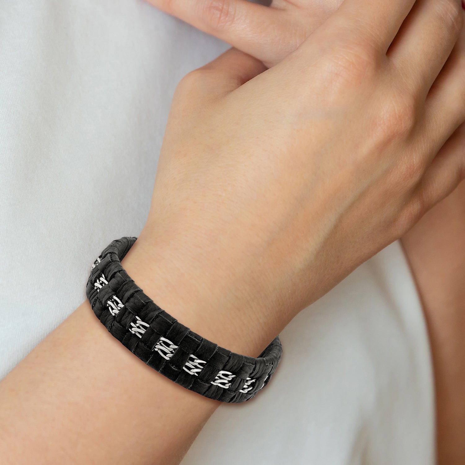 Stainless Steel Polished Black Woven Leather 7in w/.5in ext Bracelet