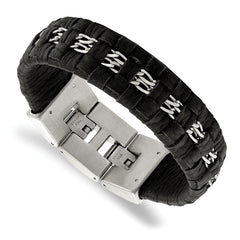 Stainless Steel Polished Black Woven Leather 7in w/.5in ext Bracelet