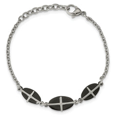 Stainless Steel Polished Black IP-plated 7in w/1in ext. Cross Bracelet
