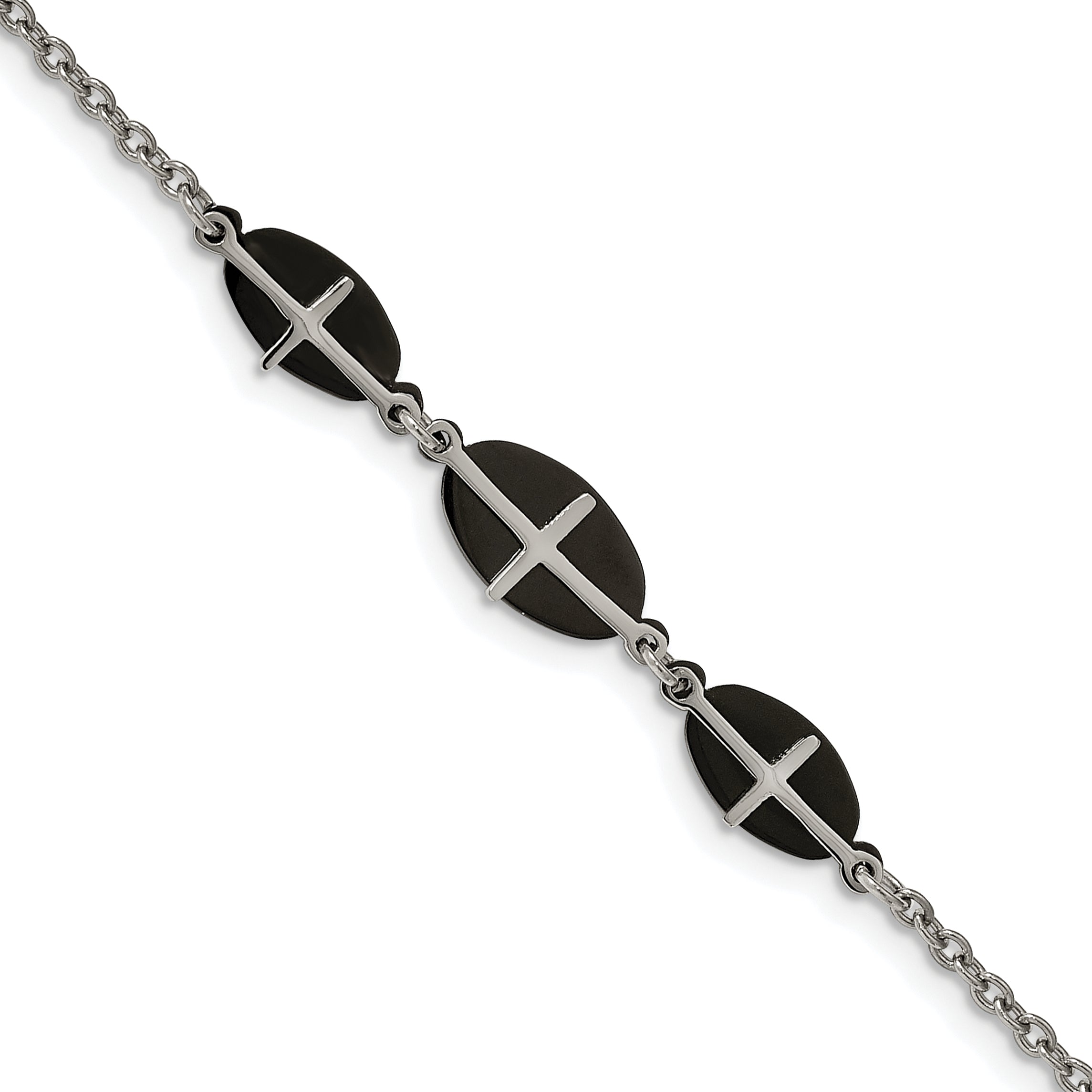 Stainless Steel Polished Black IP-plated 7in w/1in ext. Cross Bracelet