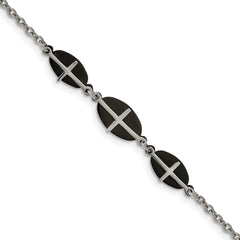 Stainless Steel Polished Black IP-plated 7in w/1in ext. Cross Bracelet