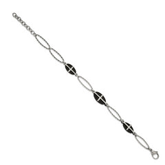 Stainless Steel Polished Black IP-plated 7in w/1in ext. Cross Bracelet