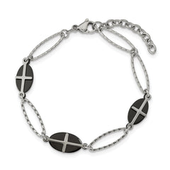 Stainless Steel Polished Black IP-plated 7in w/1in ext. Cross Bracelet
