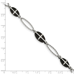 Stainless Steel Polished Black IP-plated 7in w/1in ext. Cross Bracelet