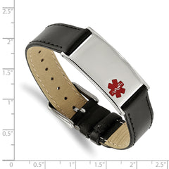 Chisel Stainless Steel Polished with Red Enamel Medical ID Black Leather Adjustable 6.5 to 8.25 inch Bracelet - 5 to 8.25