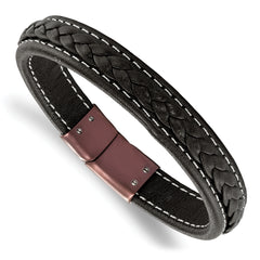 Stainless Steel Polished Brown IP-plated Brown Leather 8.25in Bracelet