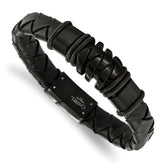 Chisel Stainless Steel Polished and Brushed Black IP-plated Black Woven Leather 8.25 inch Bracelet