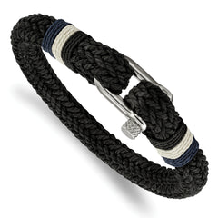 Chisel Stainless Steel Polished Woven Black Cotton 8.5 inch Bracelet