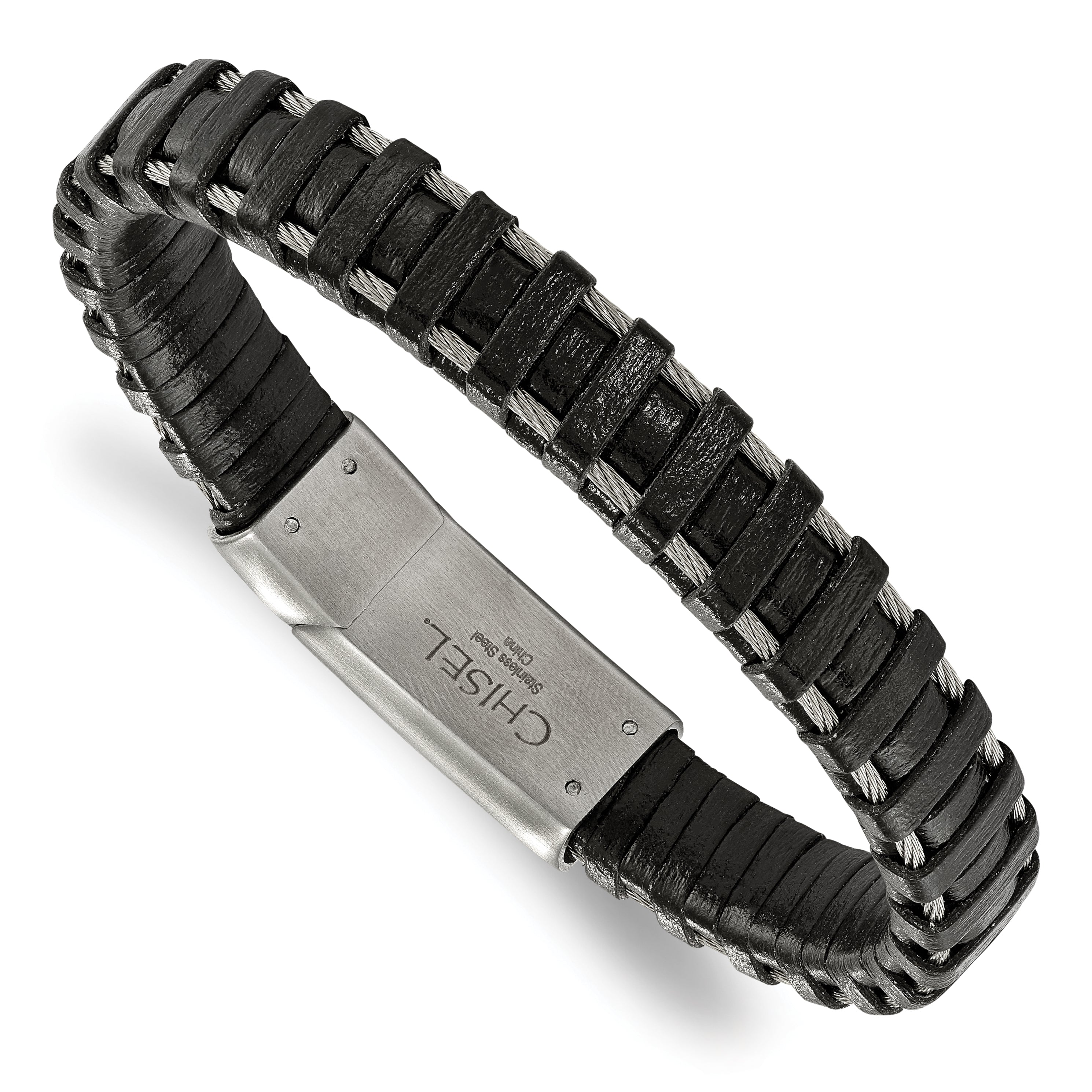 Chisel Stainless Steel Brushed Cable and Black Leather 8.5 inch Bracelet