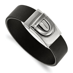 Stainless Steel Polished Black Leather 8.5in Bracelet