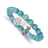 Chisel Stainless Steel Antiqued and Polished Seahorse and Tree of Life 8mm Blue Dyed Jade Beaded Stretch Bracelet