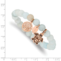 Chisel Stainless Steel Antiqued and Polished Rose IP-plated 8mm Blue/Grey Dyed Jade Beaded Stretch Bracelet