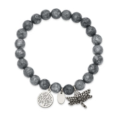 Chisel Stainless Steel Antiqued and Polished Dragonfly and Tree of Life 8mm Grey Dyed Jade Beaded Stretch Bracelet