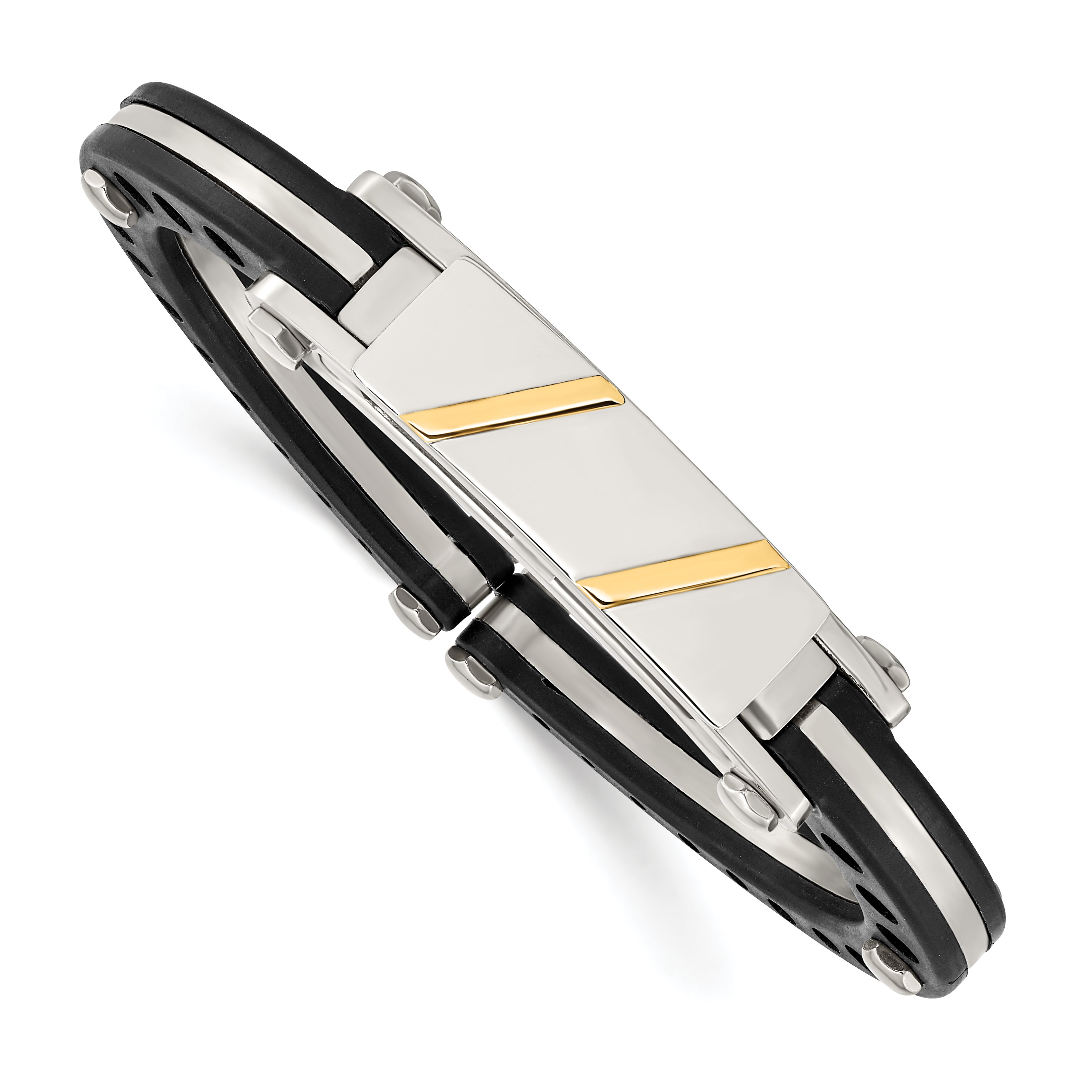 Chisel Stainless Steel Polished with Black PVC and 14k Gold Inlay Hinged Bangle