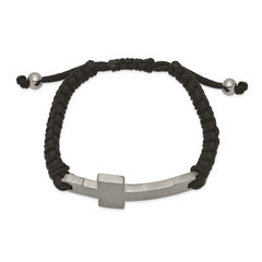 Stainless Steel Brushed and Polished Cross Black Nylon Adjustable Bracelet - 7.5 to 10