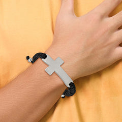 Stainless Steel Brushed and Polished Cross Black Nylon Adjustable Bracelet - 7.5 to 10