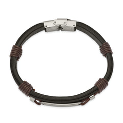 Chisel Stainless Steel Polished Black and Brown Leather 8.25 inch ID Bracelet