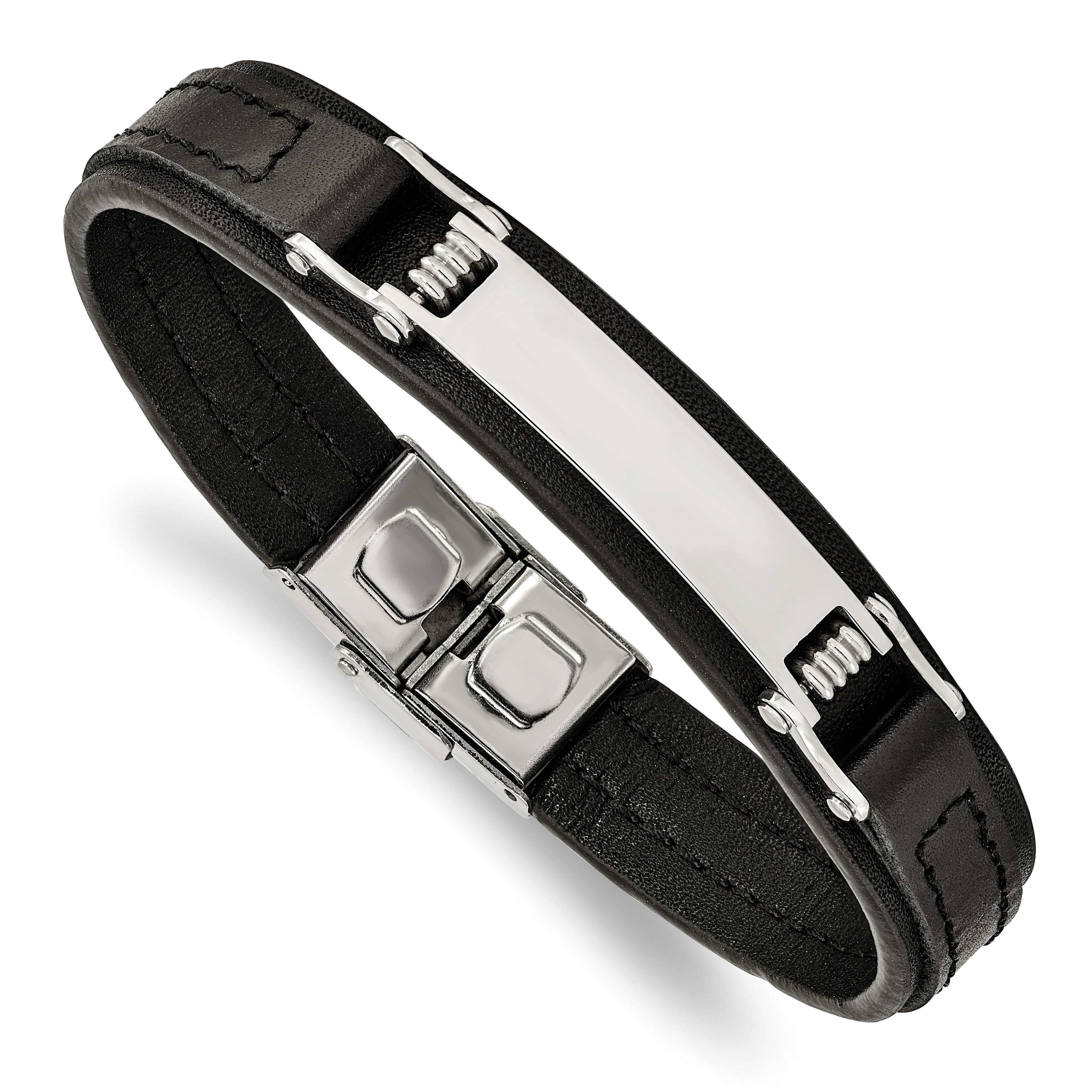 Chisel Stainless Steel Polished Black Leather 8.25 inch ID Bracelet