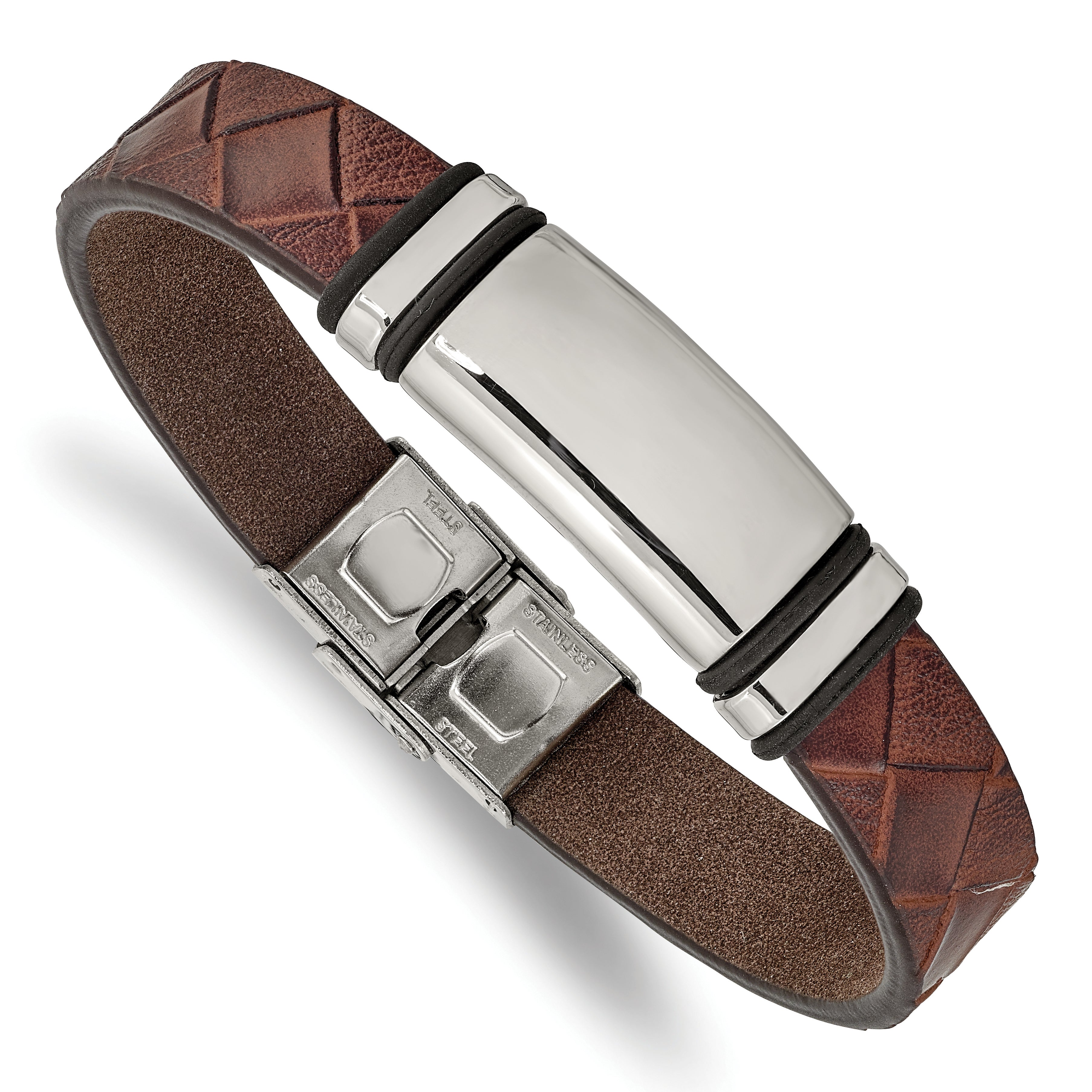 Chisel Stainless Steel Polished Brown Faux Leather with Black Rubber 8.25 inch ID Bracelet