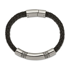 Chisel Stainless Steel Antiqued and Polished Braided Black Leather 8.25 inch ID Bracelet
