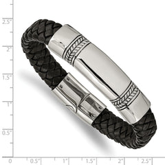 Chisel Stainless Steel Antiqued and Polished Braided Black Leather 8.25 inch ID Bracelet