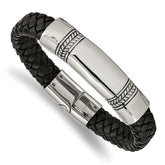 Chisel Stainless Steel Antiqued and Polished Braided Black Leather 8.25 inch ID Bracelet